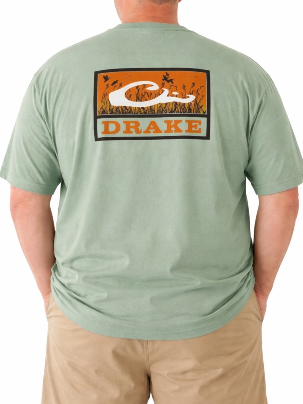 Drake Sage Green Short-Sleeve Shirt with Orange Waterfowl Logo Back